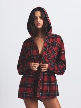 NWT SKIMS Flannel Sleep Hooded Buttondown Shirt Brick Holiday Plaid Small